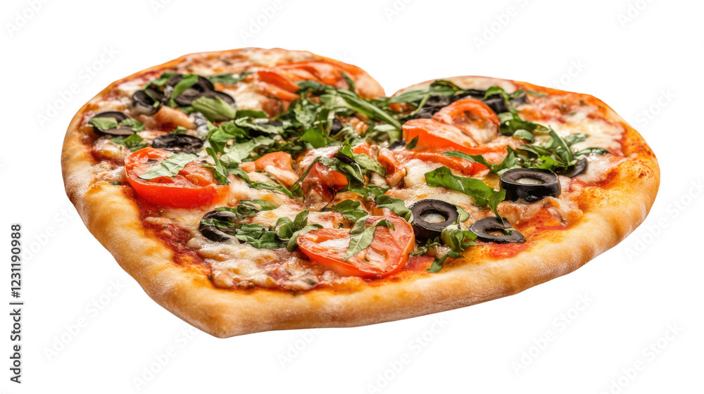 Delicious heart shaped pizza with tomatoes, basil, and black olives on transparent background Delicious heart shaped pizza with tomatoes, basil, and black olives on transparent background