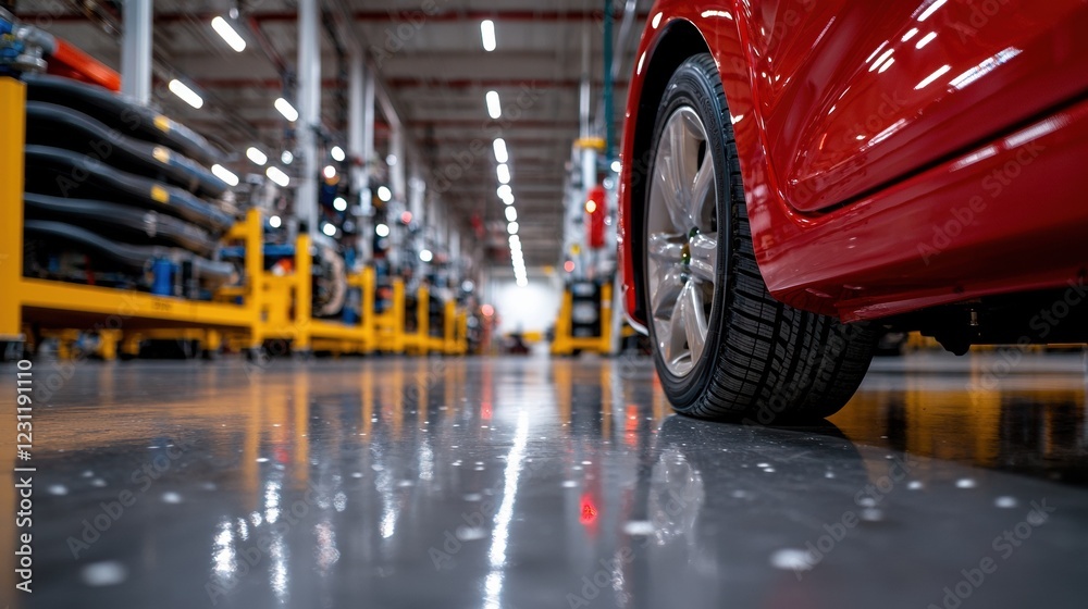 Fototapeta premium Close-up of a car wheel in a modern automotive manufacturing facility.