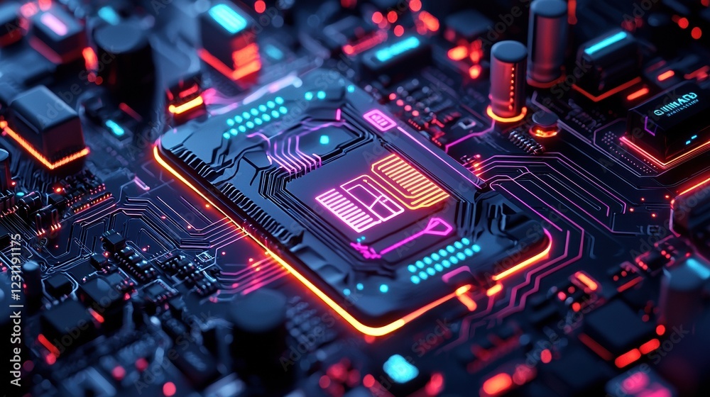Close-up of a colorful modern microchip on a circuit board with glowing lights. Close-up of a colorful modern microchip on a circuit board with glowing lights.