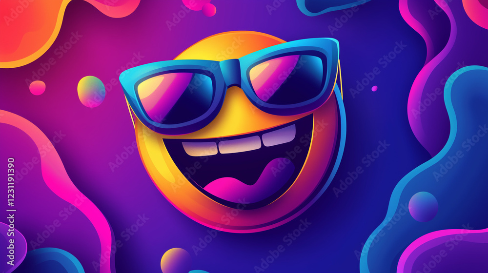 cool smiling emoji with sunglasses against colorful abstract background. April Fool’s Day cool smiling emoji with sunglasses against colorful abstract background. April Fool’s Day