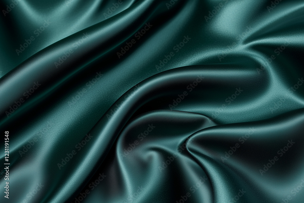 Fototapeta premium Dark green silk satin background. Beautiful soft wavy folds on smooth shiny fabri