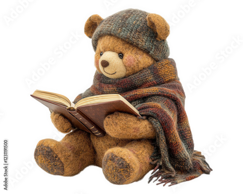 teddy bear reading book, cozy and charming, wearing knitted hat and warm scarf. This delightful scene evokes sense of comfort and nostalgia