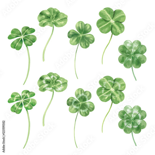 Element set of Clover leaf Watercolor hand drawn illustration isolated on a white background