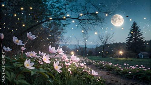 Enchanted Moonlit Garden with Glowing Fireflies and Blooming Flowers