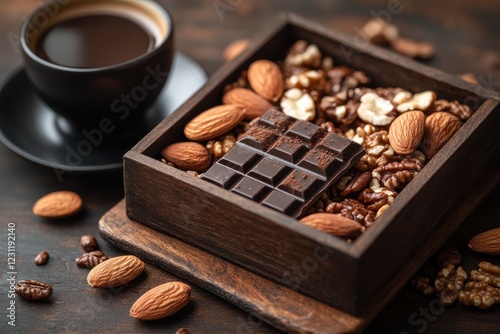 Delicious Coffee and Nuts Nestled in Dark Chocolate in a Rustic Wooden Box on a Table
