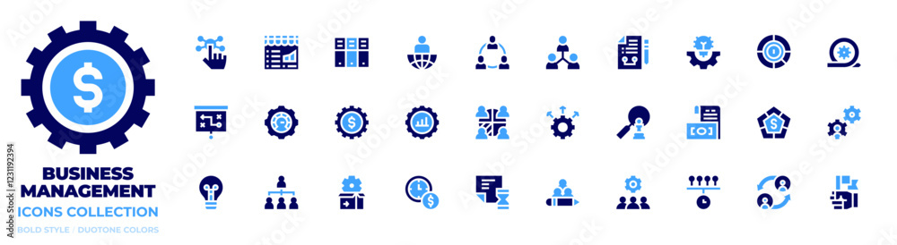 Business management icon collection. Bold style. Duotone colors. stock market, files, leader, network, decision making, collaboration, gear, strategy, optimize, program, management Business management icon collection. Bold style. Duotone colors. stock market, files, leader, network, decision making, collaboration, gear, strategy, optimize, program, management