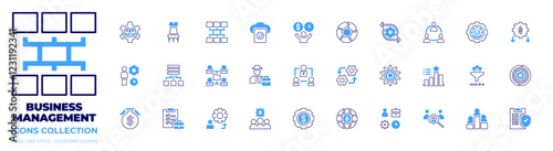 Business management icon collection. Bold line style. Duotone colors. teamwork, association, stopwatch, management, aggregation, stock market, checklist, network