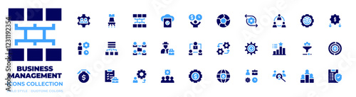 Business management icon collection. Bold style. Duotone colors. decision, hierarchical structure, strategy, cloud, team management, aggregation, stock market, network, s, configuration