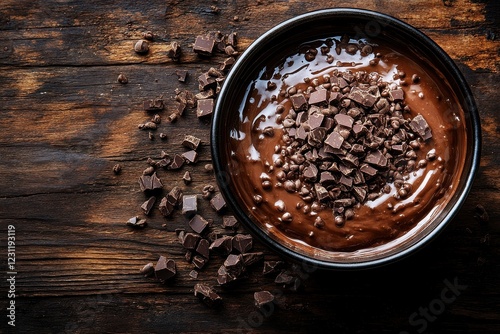 Indulgent Rich Chocolate Dessert with Chunky Toppings on Rustic Wooden Table Surface photo