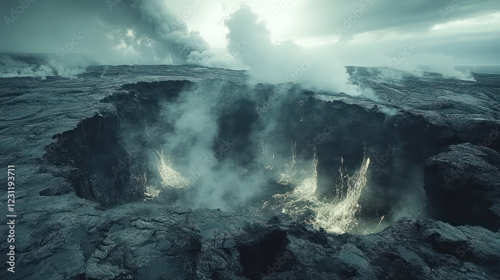 Volcanic Crater Eruption: A Breathtaking Aerial View of Fiery Lava Flowing into a Mystical Crater