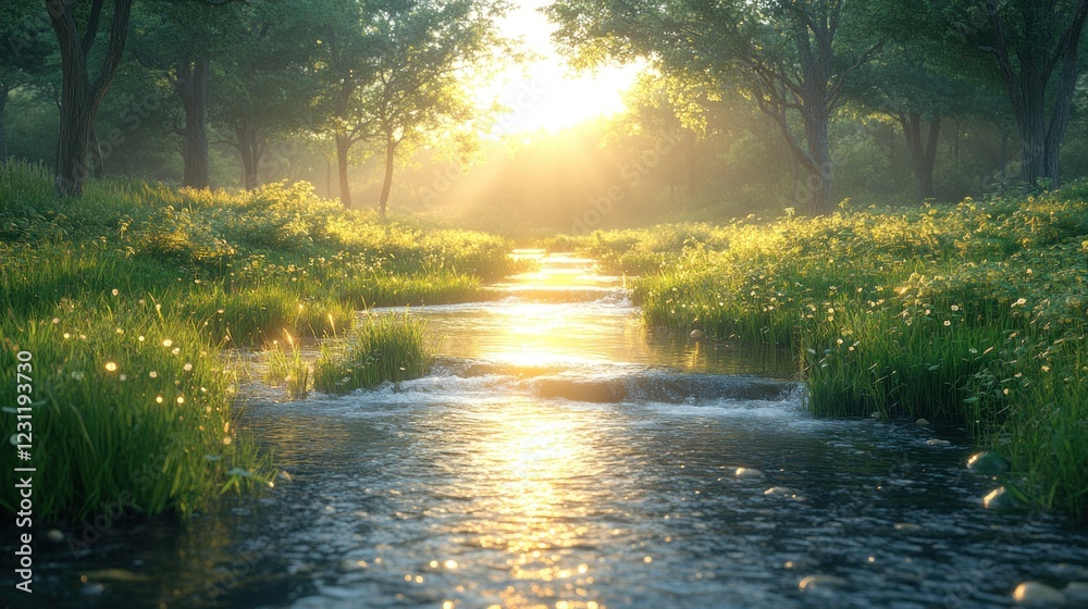 Obraz premium Sunlit stream flowing through lush green forest.