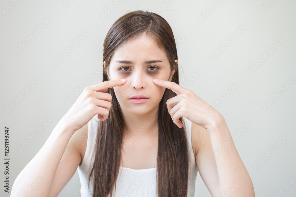 Bored, insomnia asian young woman, girl looking at camera, hand touching under eyes with problem of black circles or panda puffy, swollen and wrinkle on face. Sleepless, sleepy healthcare person. Bored, insomnia asian young woman, girl looking at camera, hand touching under eyes with problem of black circles or panda puffy, swollen and wrinkle on face. Sleepless, sleepy healthcare person.