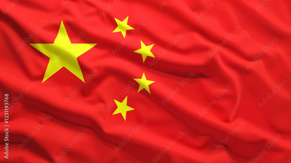 Textured Chinese flag with prominent stars close-up view. Textured Chinese flag with prominent stars close-up view.