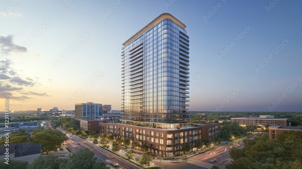 Fototapeta premium Modern Glass Highrise Building at Sunset Cityscape
