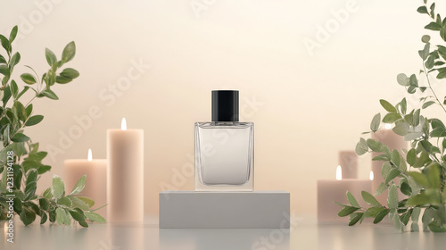 Wallpaper Mural A clear glass perfume bottle with a black cap sits on a minimalist display, surrounded by soft-lit candles and greenery.  Serene and sophisticated. Torontodigital.ca