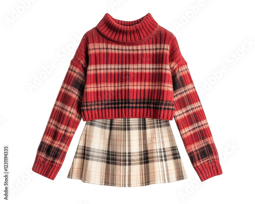 Cozy cropped turtleneck sweater with plaid mini skirt, perfect for stylish fall look. This outfit combines warmth and trendiness for chic appearance
