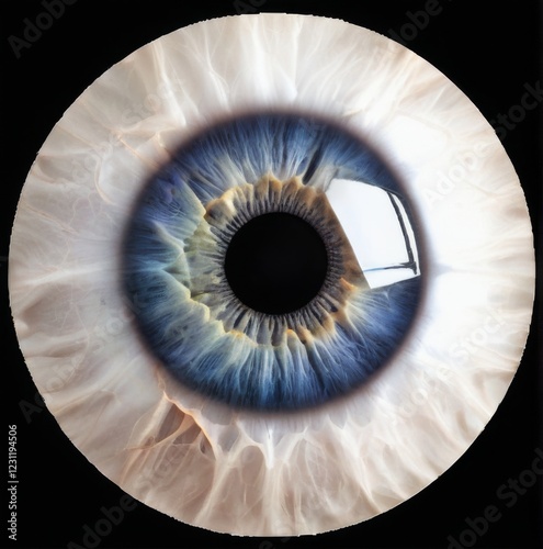 Closeup of a human eye with blue iris and black pupil, highlighted by white background. photo