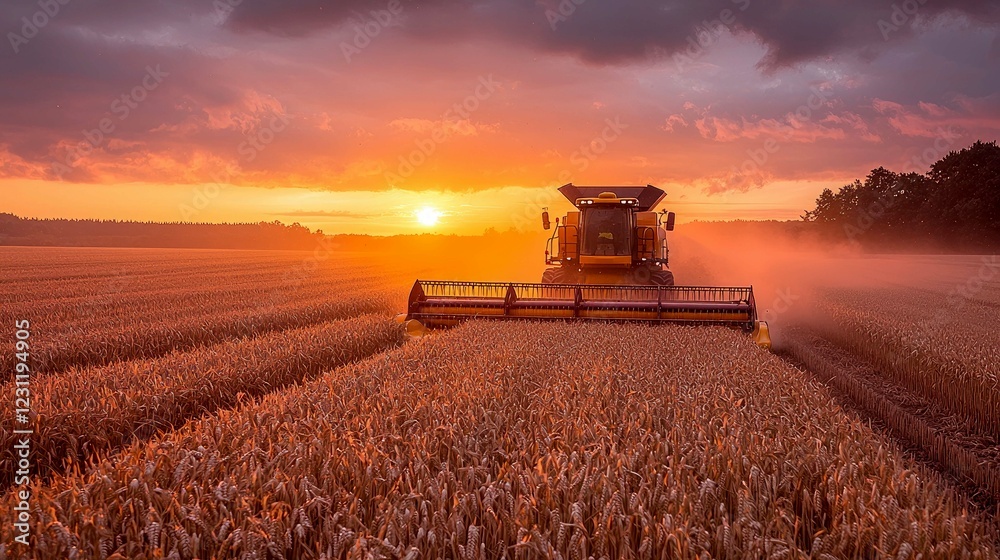 Fototapeta premium Golden Hour Harvest: A Stunning Sunset over a Wheat Field