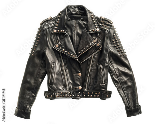 cropped leather jacket with studs, showcasing 80s punk rock style, perfect for adding edgy touch to any outfit. This timeless piece embodies rebellion and individuality