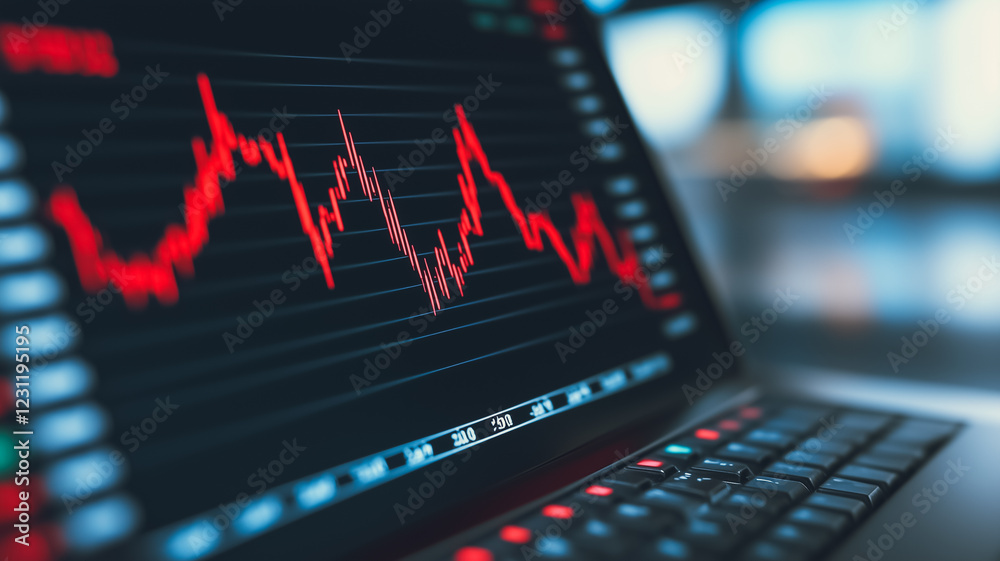 Fototapeta premium Market Volatility: A close-up shot of a laptop screen displaying a fluctuating red line chart, symbolizing the unpredictable nature of financial markets and the constant ebb and flow of investments.