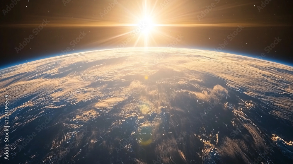 A mesmerizing depiction of Earth in the cosmos, with the sun casting light on its horizon. Vibrant oceans, swirling clouds, and lush continents are clearly visible A mesmerizing depiction of Earth in the cosmos, with the sun casting light on its horizon. Vibrant oceans, swirling clouds, and lush continents are clearly visible