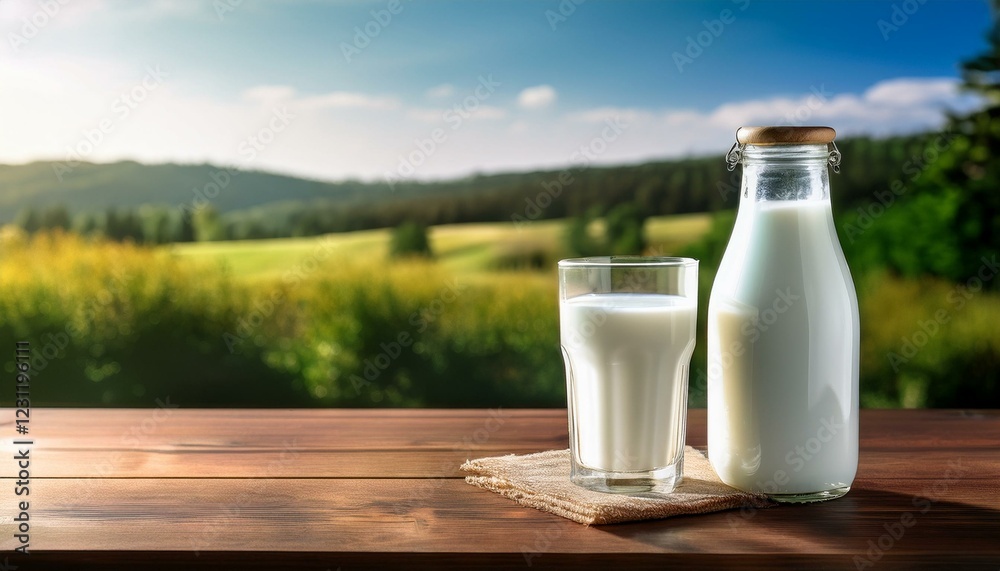 glass of milk on the table. Fresh organic milk in glass and bottle on rustic wooden table on nature background. 