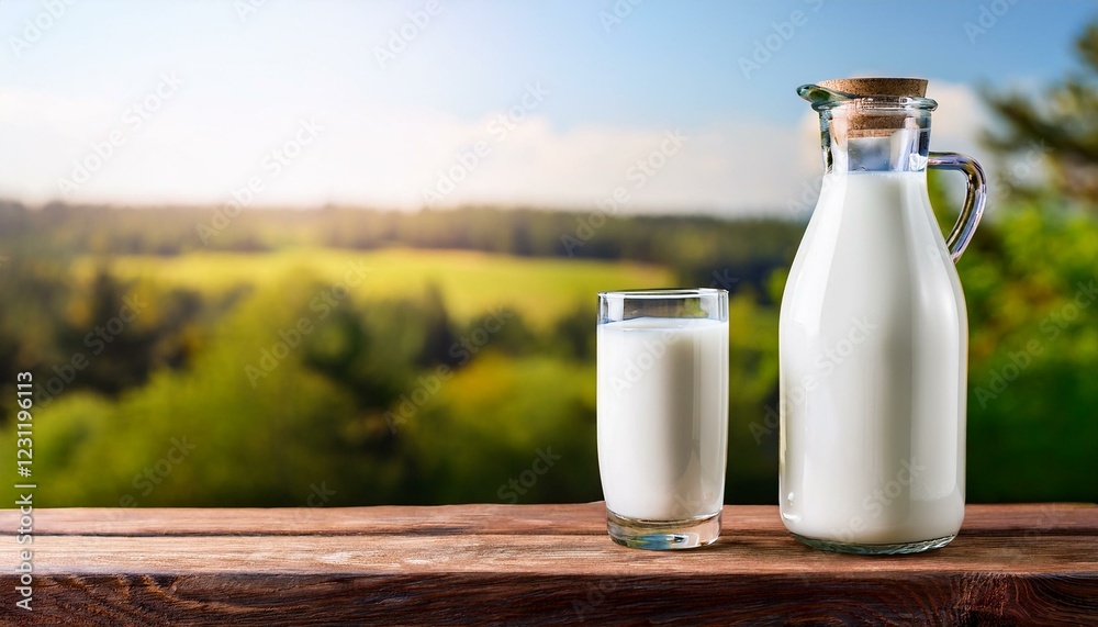 glass of milk on the table. Fresh organic milk in glass and bottle on rustic wooden table on nature background. glass of milk on the table. Fresh organic milk in glass and bottle on rustic wooden table on nature background.