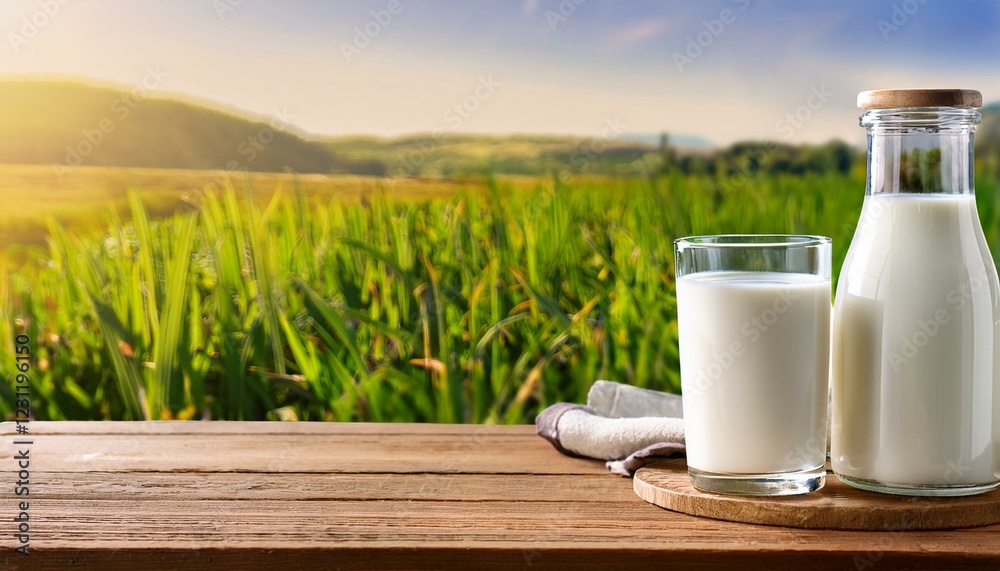 glass of milk on the table. Fresh organic milk in glass and bottle on rustic wooden table on nature background. 