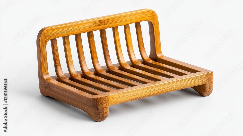 Miniature Wooden Bench Model Light Brown Finish, Detailed Slats, White Background Miniature Wooden Bench Model Light Brown Finish, Detailed Slats, White Background