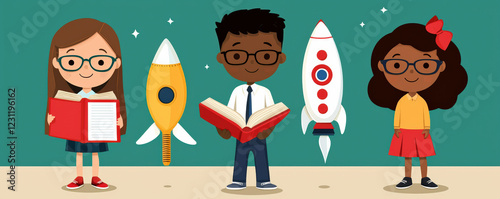 Three children wearing glasses hold books and stand next to rockets, symbolizing learning and imagination in a colorful classroom setting. photo