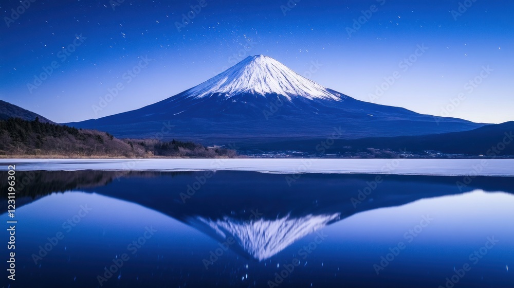 Majestic snow-capped mountain reflected in a serene frozen lake under a starry night sky. Majestic snow-capped mountain reflected in a serene frozen lake under a starry night sky.
