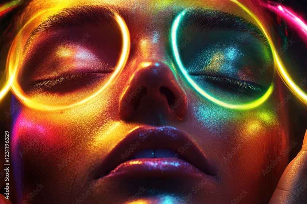 A woman's face is illuminated by neon lights, creating a colorful A woman's face is illuminated by neon lights, creating a colorful
