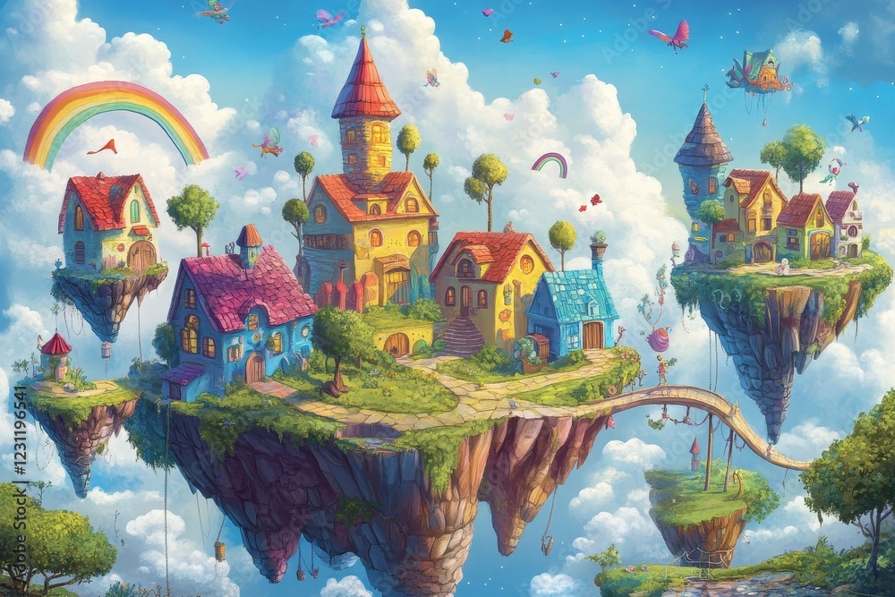 Fototapeta premium Floating Island Village A Whimsical Fantasy Scene
