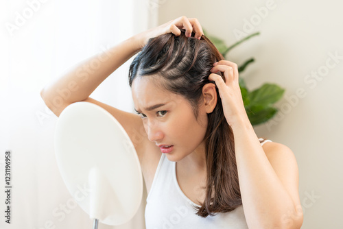 Damaged Hair symptom, face serious asian young woman, girl worry about balding, looking at scalp in mirror, hand in break into front hair loss, thin problem. Health care treatment for beauty concept.