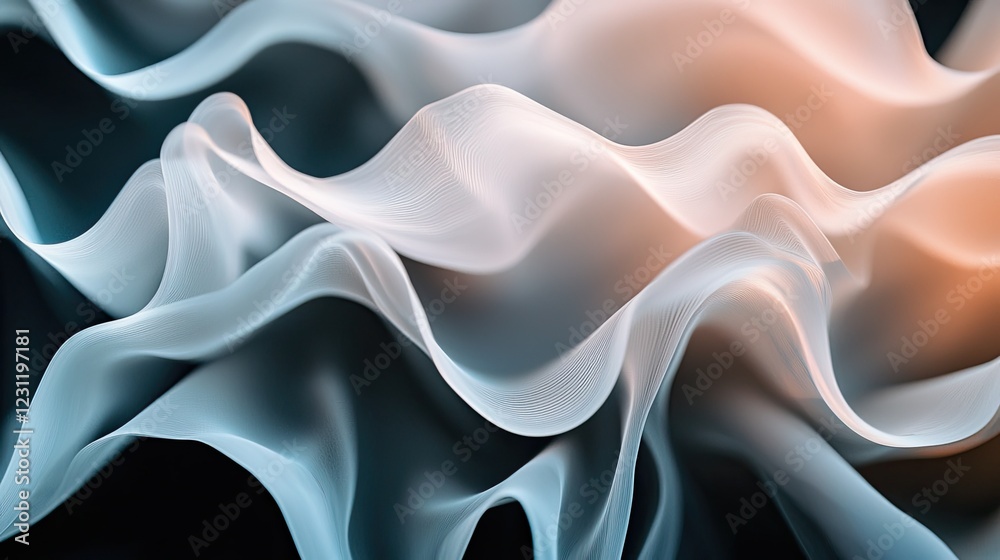Fototapeta premium Abstract wave-like shapes create a sophisticated texture in a gradient of black to white. The design emphasizes depth, simplicity, and modern aesthetics.Ai