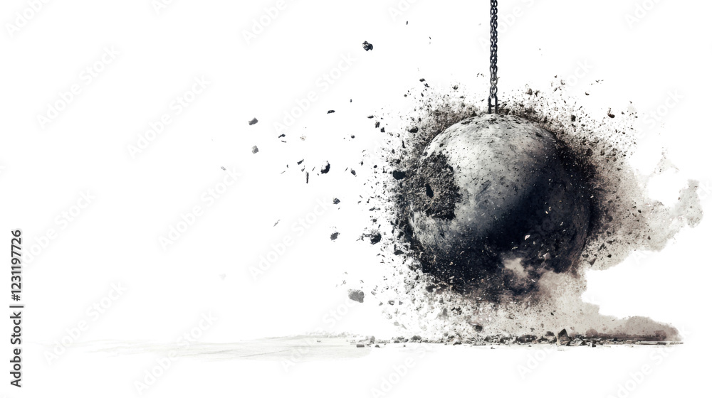 Obraz premium Wrecking ball hitting ground creating dust cloud with transparent background
