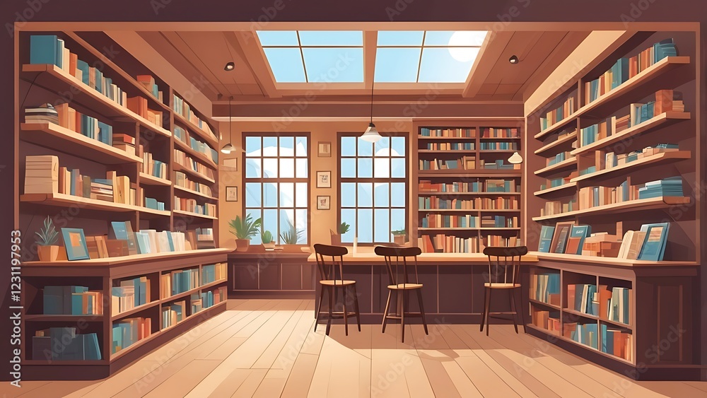Flat vector illustration of a cozy bookstore with wooden shelves, reading corners, and a café section.