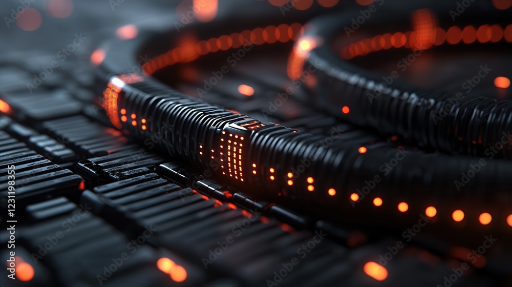 Futuristic close-up of illuminated digital circuits with orange highlights. Futuristic close-up of illuminated digital circuits with orange highlights.