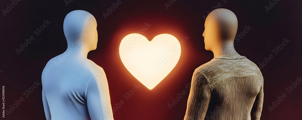 Fototapeta premium Abstract Concept of Love with Two Figures Facing Heart Shape Glow