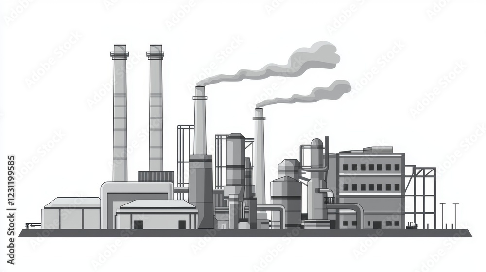 Obraz premium The efficiency of the energy stocks market. Industrial factory illustration with smoke stacks and machinery.