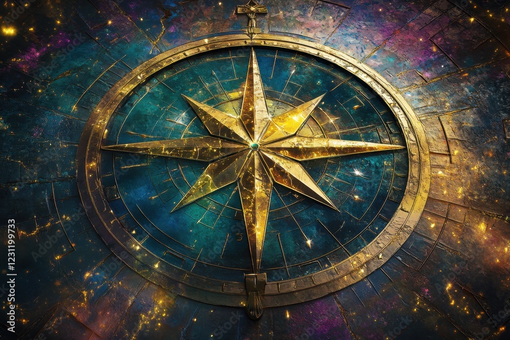 Obraz premium A gold and blue compass with a star on it