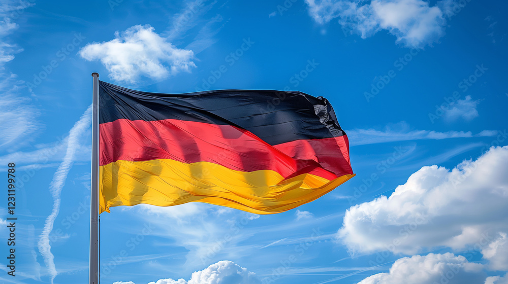 German flag waving in a blue sky with clouds. German flag waving in a blue sky with clouds.