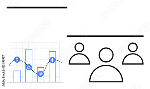 Bar chart with connecting line and gear icons symbolizing analytics. Three user icons emphasize group collaboration. Ideal for teamwork, data analysis, project management, reporting, business