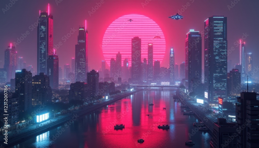 Fototapeta premium Futuristic Cityscape at Night Neon Lights Skyscrapers and Retro Sunset