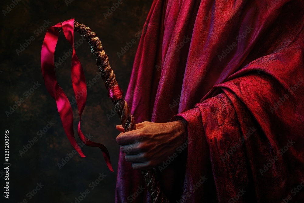 Fototapeta premium A person is holding a red and gold staff with a red ribbon tied to it