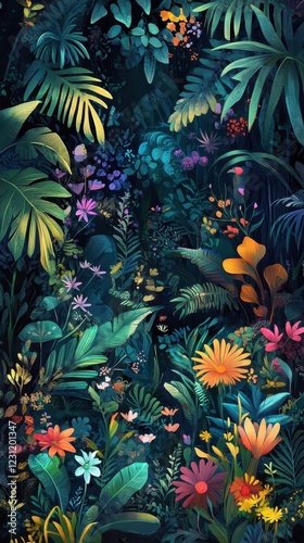 Lush Tropical Garden Abundant With Vivid Flowers and Leaves