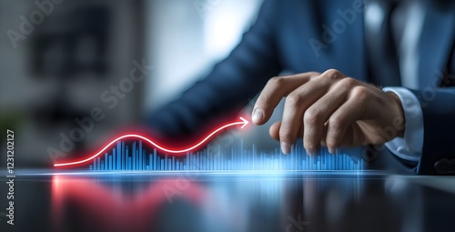 Businessman interacting with a digital growth chart showing a rising red arrow in futuristic setting photo