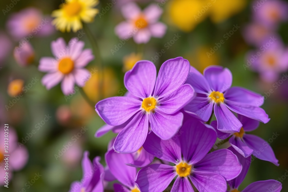 Vibrant purple and yellow wildflowers blooming in a serene natural setting Vibrant purple and yellow wildflowers blooming in a serene natural setting