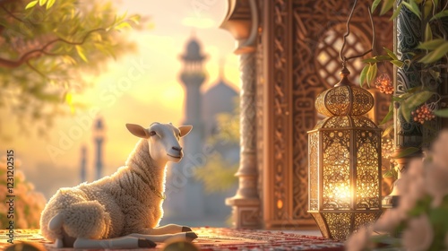 Eid al-adha islamic festive background with 3d golden goat and sheep, elegant arabic lanterns, ornate mosque gate, and copy space for ramadan, eid al-fitr, iftar, mawlid, and muharram celebrations


