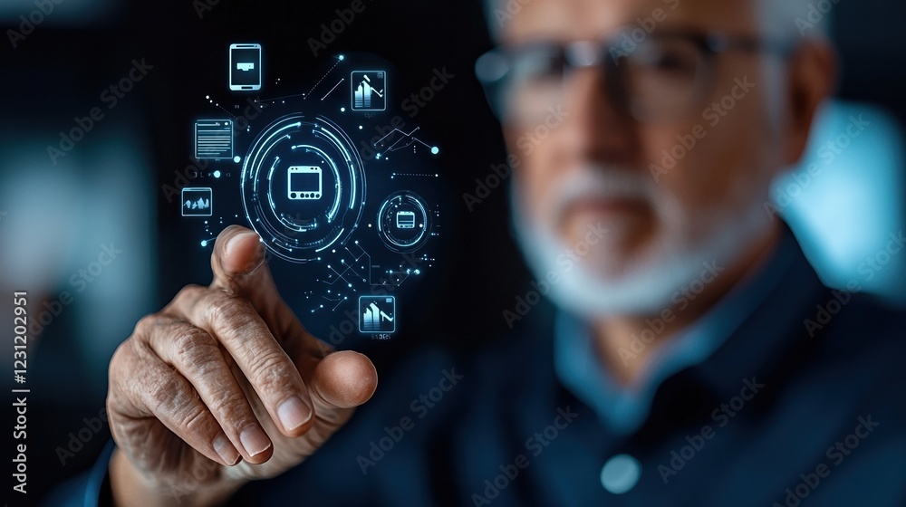 Senior man interacts with futuristic digital interface using hand gesture. Senior man interacts with futuristic digital interface using hand gesture.